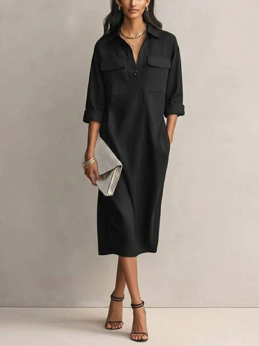 Women's Solid Color Lapel Long Sleeve Casual Midi Shirt Dress With Pockets, Autumn Fashion Elegant - Black - View 1