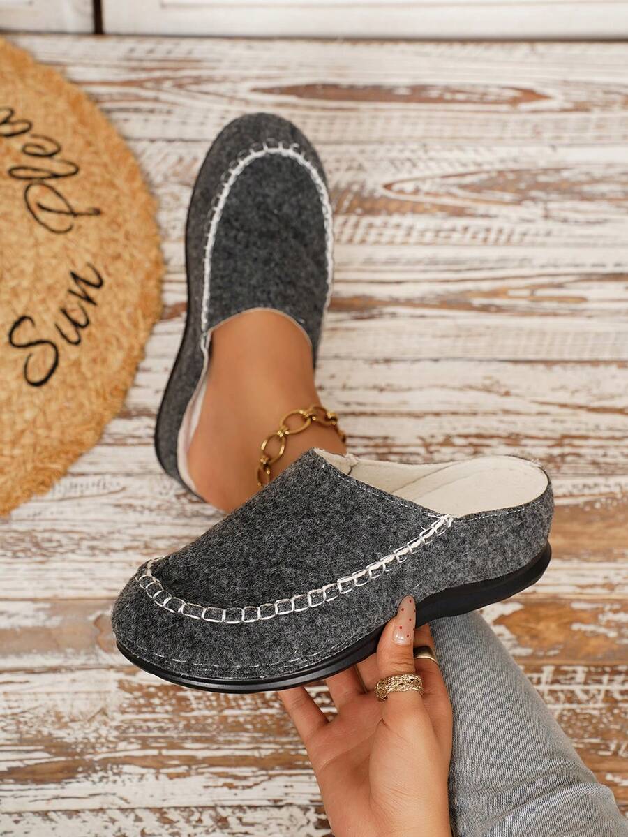 Vintage Tweed Closed-Toe Backless Slip-On Shoes, Handmade Stitched Thick Sole Slouchy Slippers - Dark Grey - View 1