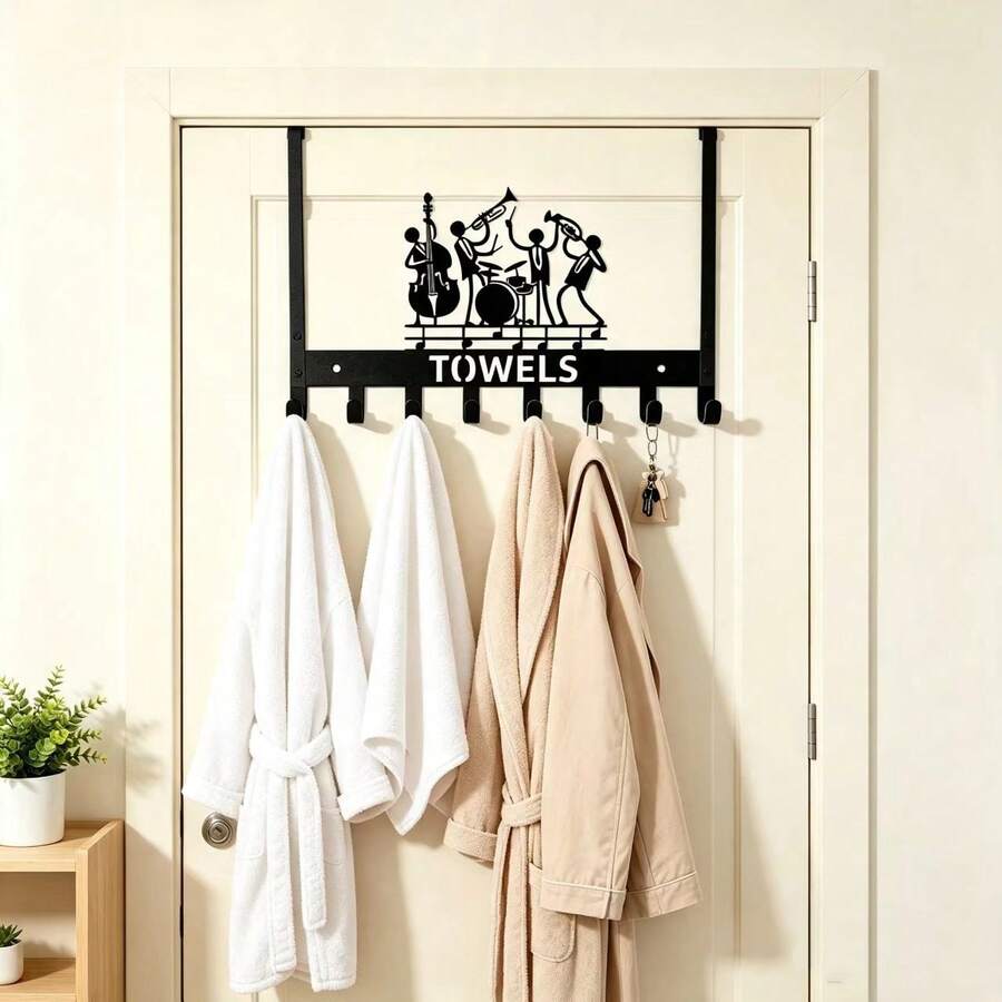 No-Drill Over-The-Door Hook, Band Character Iron Hollow Decorative Hook, 8-Hook Large Capacity Door Back Storage Rack, Bathroom Towel Clothing Key Bag Storage Rack, Bedroom Entryway Door Universal Hanging Hook, Perfect Gift Choice - View 1