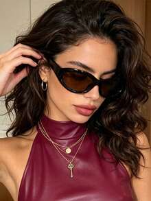 1pc Wrapped Cat Eye Fashion Glasses Y2K Personalized Retro Versatile Casual Glasses Suitable For Daily Wear Street Photography Vacation Travel Autumn/Winter Outfit Summer Beach Accessory Back To School Outfit - Brown - View 4