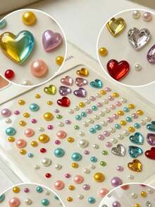 Set Stiker Wajah Hati Mutiara Warna-warni Macaron dengan Pinset, Stiker Rhinestone 3D Warna Campuran, Dekorasi Rias Mata dan Wajah Perekat Sendiri untuk Fotografi Anak Perempuan, Riasan Mata Kreatif - MultiWarna - View 6