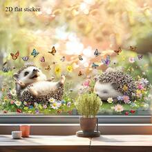 2D Flat Sticker, Hedgehog Paradise Butterfly Flower Pattern Decorative Window Decal, Easy To Remove, Convenient Installation, Suitable For Living Room Window Double-Sided Printing Use Scenario - Multicolor - View 3