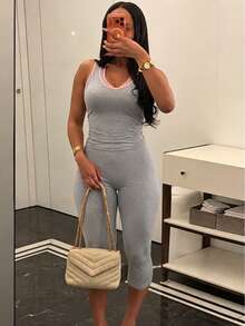 Kliou Summer Simple Basic 2 Pieces Set Woman Tracksuit Casual Fake 2 Pieces Halter Low-Neck Tank Tops+Bike Shorts Matching Sporty Streetwear Outfits - Grey - View 7
