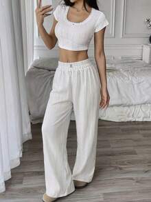 1pc Women's Elastic Waist Wide Leg Long Pants Loungewear - White - View 4