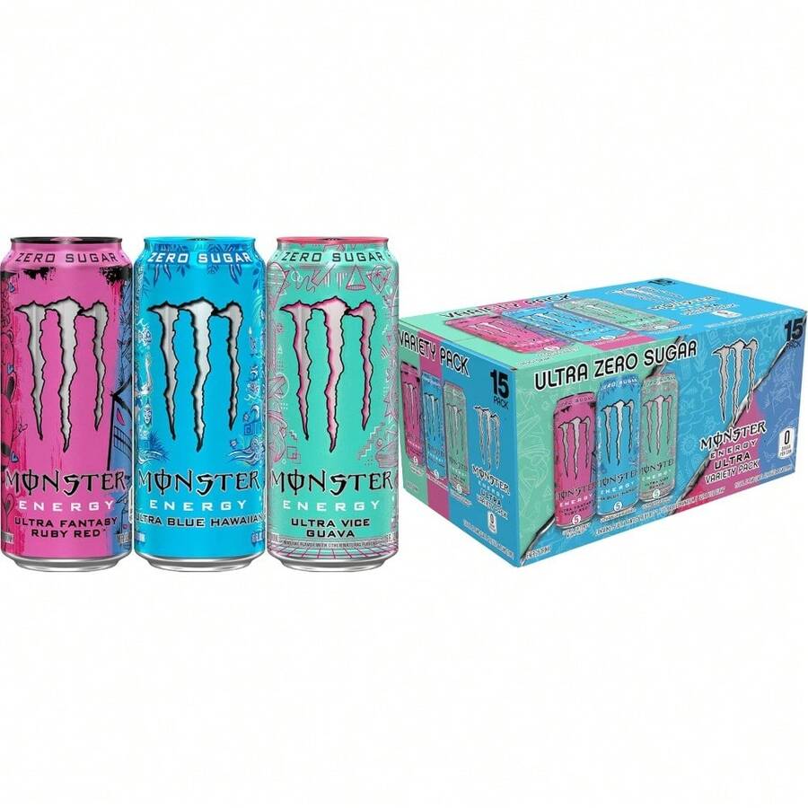 Monster Energy Ultra Variety Pack, Blue Hawaiian, Vice Guava, Fantasy Ruby Red, Sugar Free Energy Drink, 16 Ounce Can (Pack Of 15) - Default - View 1