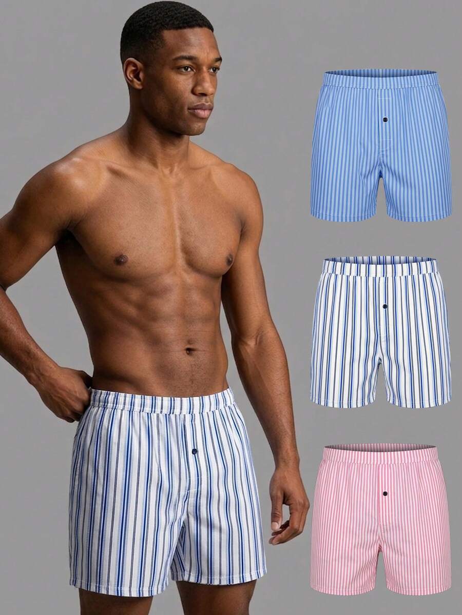 3pcs Men's Underwear, Soft & Comfortable Striped Pattern Design Loose Briefs, With Button Fly, Suitable For Daily Wear And Vacation