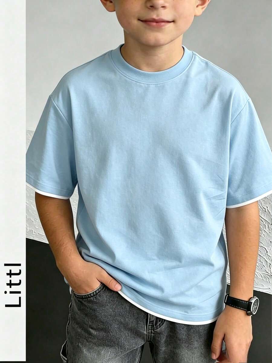 大童男孩休閒拼接條紋圓領套頭短袖T恤夏季上衣 - 淺藍色 - 查看 1
