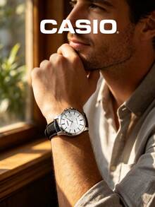 Casio Men's Classic Analog Quartz Watch, Silver Dial, Black Leather Strap, With Date Window, Suitable For Daily Office And Professional Business Attire - Black - View 4