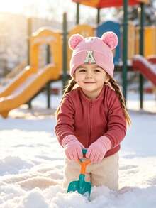 2pcs/Set Kids Fashion A-Z Letter Knit Hat & Gloves Set, Pink, Suitable For Autumn/Winter Daily Casual Wear & Warmth - Pink - View 2