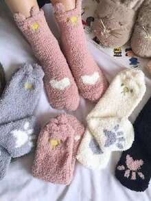 1/2/5 Pairs Cute Cat Paw & Small Ear Design Women's Warm Mid-Calf Socks, Thick Long Socks, Floor Socks, Suitable For Daily Wear And Gifting - Multicolor - View 4