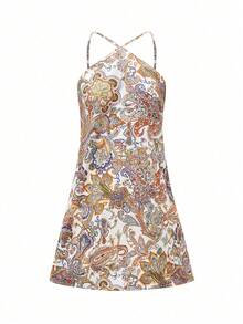 Vuslat Women's Autumn French Vintage Paisley Paisley Floral Print Spaghetti Strap Strap Short Dress, Retro Color-Block Paisley Full Print Pattern, Back V-Shaped Hollow Lace-Up Waist Design, Adjustable Spaghetti Strap With Tie Decoration, Holiday Outfit, Summer Beach Vacation, City Street Shopping, French Cafe Date, Afternoon Tea Outing, Festival Outfit, Mexican Parade Outfit, Country Music Concert Outfit - Multicolor - View 5