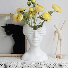 1pc Abstract Portrait Resin Vase, Black And White Blindfolded Sculpture Vase - Face Vase - View 4