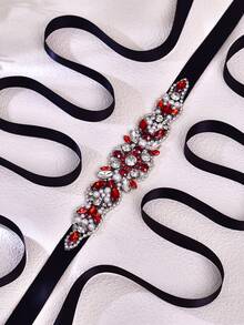 1pc Fashion Burgundy Rhinestone Applique Bridal Belt, Handmade Wedding Accessories, Versatile Evening Gown Decoration, Black Ribbon Halloween - Black - View 10