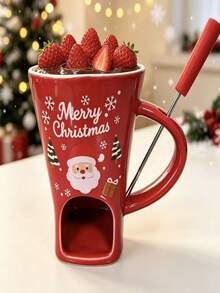 Christmas Ceramic Chocolate Fondue Cup Set With Tea Candle Holder And Forks, Santa Claus Reindeer Tree Pattern Heat-Resistant Hot Chocolate Melting Pot, Holiday Dessert Dipping Bowl For Strawberries Marshmallows, Christmas Party Tableware Gift - Multicolor - View 9