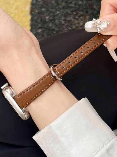 1pc Women's Band, Brown Narrow PU Leather Strap, Silver Round Buckle, Multi-Hole Adjustable Replacement Band, Compatible With Apple Watch Series 11/10/9/8/7/6/5/4/3/2/1, SE, Ultra 3/2/1, 38/40/41/42/44/45/46/49mm, Vintage Minimalist Commuter Accessory