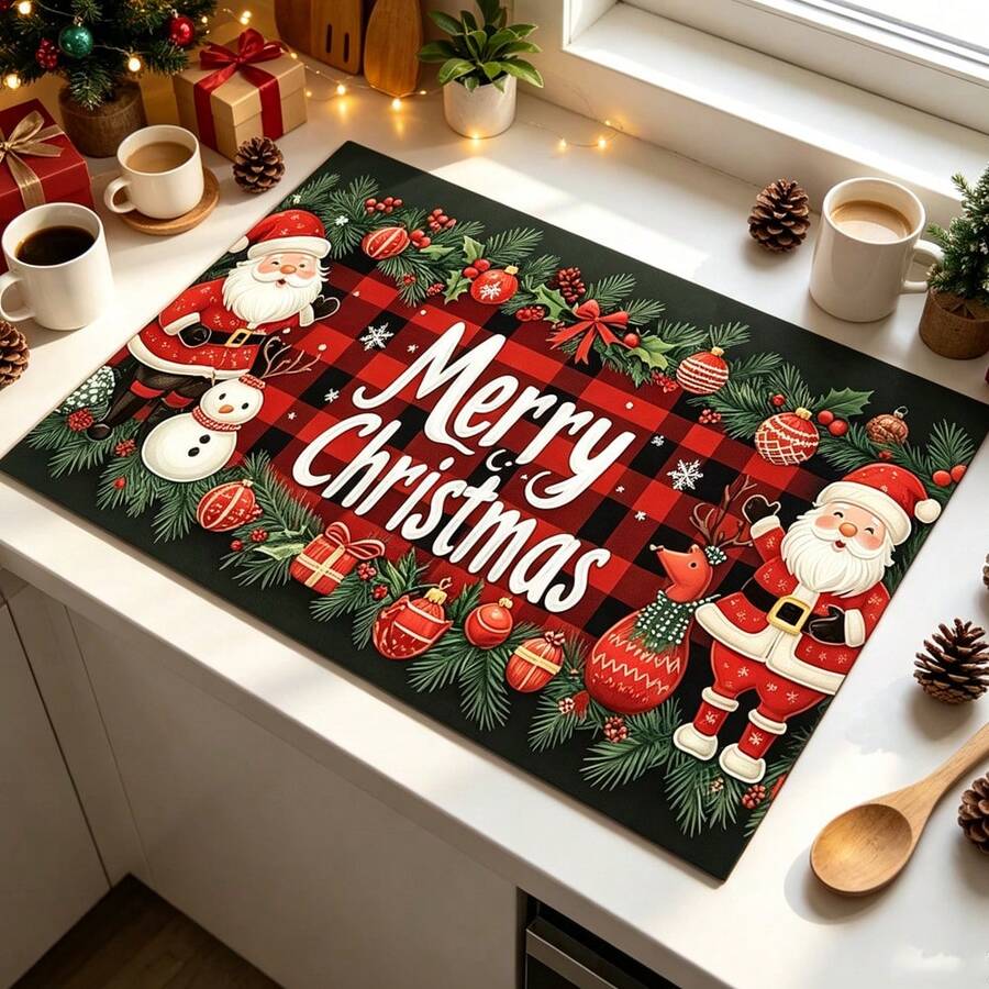 1pc Christmas Santa Style Dish Drying Mat, Coffee Machine Mat, Absorbent Quick-Drying Table Protector, Dining Table Bar Counter Holiday Decor Mat, Practical Christmas Kitchen Supplies, Home Gift, Desktop Decoration