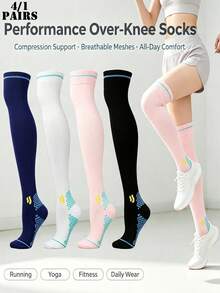 4/1 Pair All-Season Professional Sports Marathon Compression Over-The-Knee Thigh-High Socks, Long Tube Fitness Yoga Jump Rope Running Socks With Raised Non-Slip Grip - Multicolor - View 2