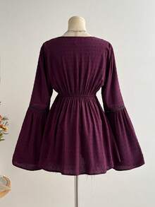 Rusttydustty Women's Bohemian Style Lace Patchwork Bell Sleeve Waist Tie Top In Plum, Suitable For Autumn, Halloween - Purple - View 6