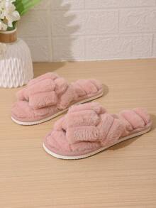 Women's Cross Strap Thick Furry Slippers, Comfortable Indoor Home Slippers, Open Toe Warm Slippers For Autumn Winter All Seasons, Gift For Girls - Pink - View 3