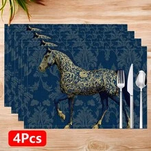 1pc/4pcs/6pcs Horse Pattern Printed Linen Placemats, Rectangular Table Mats, Washable, Easy To Clean, Plate Mats, Bowl Mats, Western Style Table Mats, Suitable For Kitchen, Dining Room, Family Gatherings, Coffee Table And Daily Table Decor - Multicolor - View 14