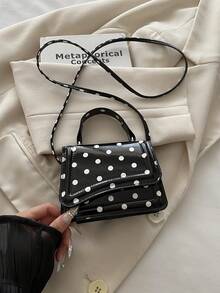 Mini Polka Dot Pattern Fashion PU Designer Style Elegant Women's Flap Top Small Handbag, Square Crossbody Shoulder Bag - Black - View 7