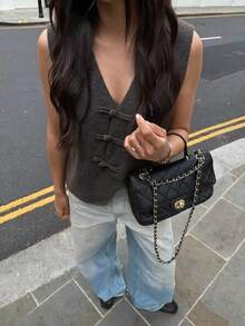 Women's Dark Brown V-Neck Knit Vest, Asymmetric Wrap Bow Button Sleeveless Sweater Waistcoat, Casual Layering Top For Fall Winter - Brown - View 6