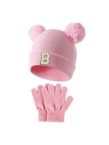 2pcs/Set Kids Fashion A-Z Letter Knit Hat & Gloves Set, Pink, Suitable For Autumn/Winter Daily Casual Wear & Warmth - Pink - View 6