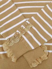 Sweater Rajut Bergaris Kontras Warna untuk Wanita, Cocok untuk Acara Santai/Bangun di Musim Gugur/Dingin, Kerah Renda, Detail Kancing di Manset, Sesuai untuk Acara Makan Siang Santai. - MultiWarna - View 11