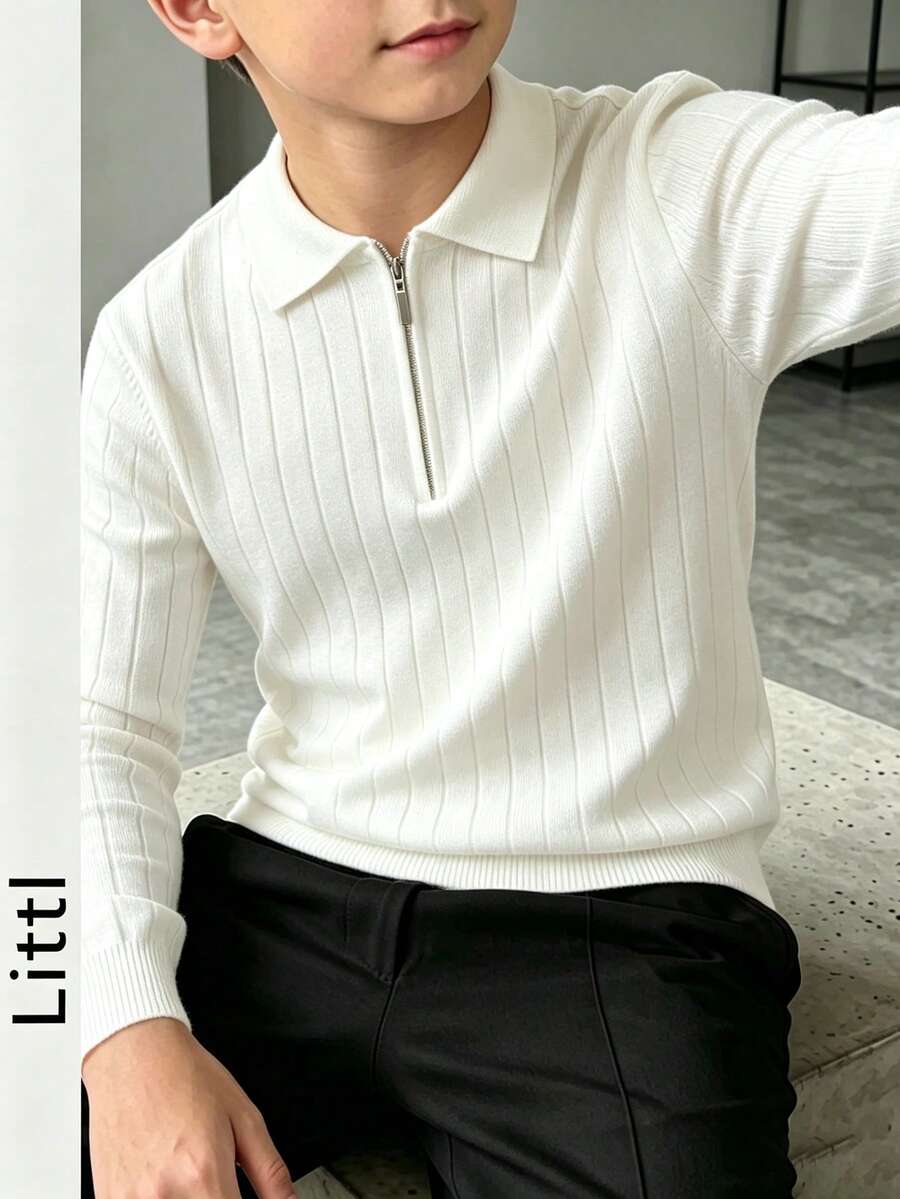 Boys Quarter Zip Ribbed Knit Polo Shirt, Long Sleeve Collared Sweater, Casual Solid Color Fall Winter Kids Tops - White - View 1