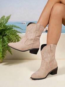 Fall/Winter 2025 Women's Retro Embroidered Mid-Calf Boots, Mid-Heel Pointed Toe Western Boots, Women's Faux Leather Riding Boots,Cowboy Boots - Khaki - View 3