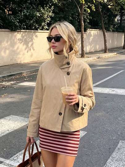 Women Elegant Khaki Trench Jackets 2026 Autumn Women Stand Neck Buttons Chic Jacket Loose Solid High Street Casual Lady Coat