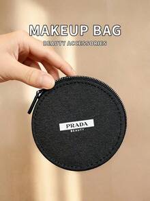 PRADA BEAUTY Black Saffiano Leather Round Jewelry Box, Brand Label Zipper Storage Bag, Portable Mini Makeup Accessory Organizer, Luxury Gift For Women PRADA‑GIFT‑3 - Black - View 2