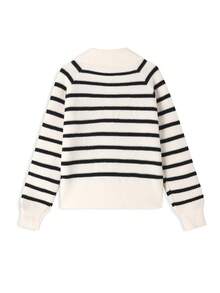 Women's Preppy Vintage Single-Breasted Lapel Striped Knit Cardigan, Versatile Casual Sweater Jacket - Apricot - View 4