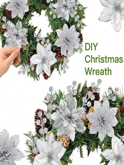 15pcs Artificial Red Christmas Flowers, 3 Styles Glitter Flowers, Christmas Tree Decor, Party Garland Decoration