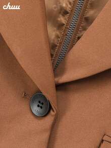 CHUU Letter Embroidered Short Blazer Women's Autumn Colorblock Patchwork Zipper Jacket - Coffee Brown - View 7