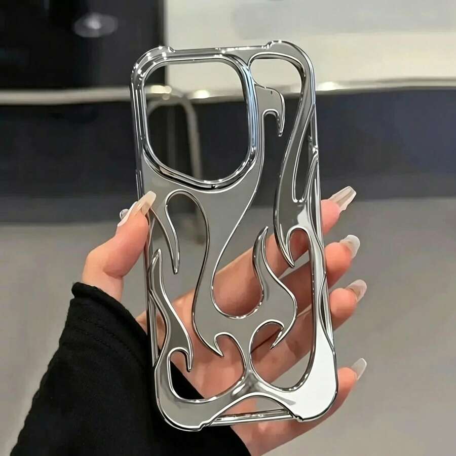 1PC Fashionable New Hollow Flame Pattern Anti-Fall Electroplated Soft Case/Phone Case For IP18 18 Pro 18promax,Galax,Sam/15ProMax/16promax/16pro/14promax/14pro/13promax Phone Case - Silver - View 1