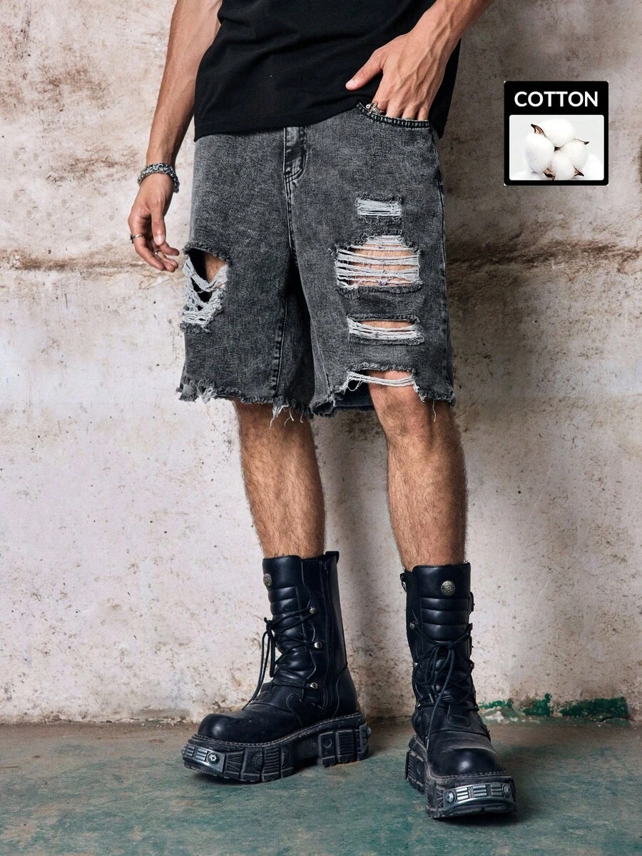 Skyrend 男士寬鬆版型破舊梯子設計牛仔短褲 Jorts 哥德龐克街頭風 Emo 男孩適用 - 灰色 - 查看 1