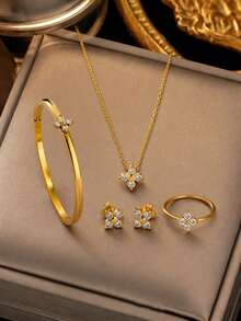 VceTd 1 Set Fashionable Stainless Steel Women's Jewelry Set With Glass Inlaid Four-Leaf Clover Design, Suitable For Daily Wear Or Holiday Gift - Yellow Gold - View 6