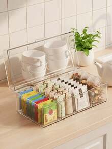 1-Compartment Tea Bag Storage Box With Hinged Lid, Transparent Stackable Tea Storage Box, 4-Compartment Plastic Tea Bag Storage Box, Suitable For Kitchen And Countertop - Transparent - View 2