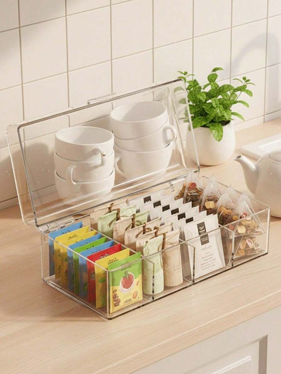 1-Compartment Tea Bag Storage Box With Hinged Lid, Transparent Stackable Tea Storage Box, 4-Compartment Plastic Tea Bag Storage Box, Suitable For Kitchen And Countertop