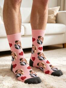 Custom Photo Crew Socks, Pink Sock Body Matched With Black Toe Caps, Decorated With Custom Couple Photos And Red Heart Patterns. Made Of Soft Stretch - Multicolor - View 3