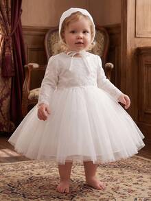 Baby Girls' White Long Sleeve Dress With Hat, Perfect For Flower Girl Wedding - White - View 7