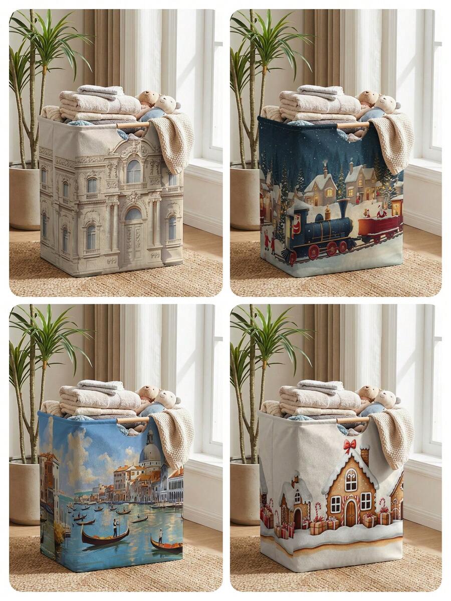 1PC Storage Basket, Laundry Hamper, Laundry Basket, Storage Bucket, House Print Design, Storage Basket With Wooden Handle, Foldable Multi‑Purpose Storage Bin, For Daily Clothes Organization - Multicolor - View 1