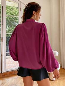 Simplee Women's Autumn Solid Color Lantern Sleeve Long Sleeve Blouse, Elegant Top, Back To School, Teacher Outfit - Red Violet - View 6