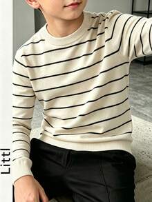 Tween Boys Striped Crew Neck Knit Sweater, Long Sleeve Slim Fit Casual Fall Knitted Pullover Tops For Everyday Wear - Apricot - View 1