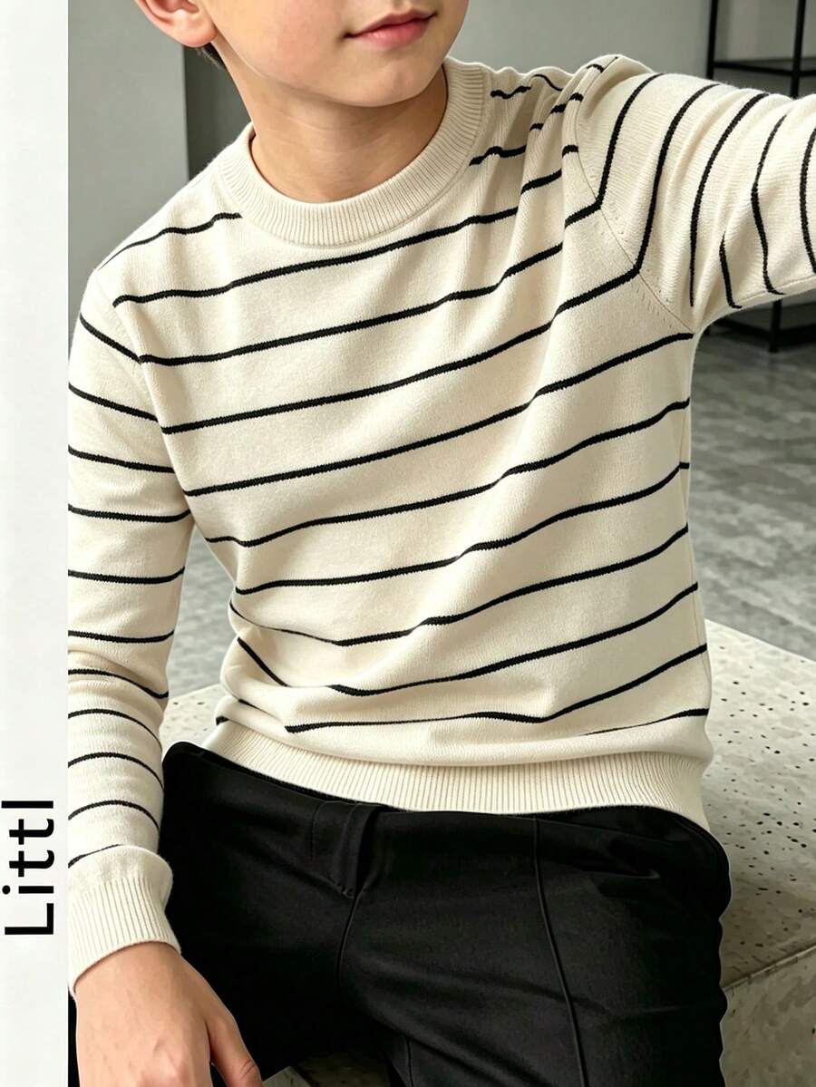 Tween Boys Striped Crew Neck Knit Sweater, Long Sleeve Slim Fit Casual Fall Knitted Pullover Tops For Everyday Wear - Apricot - View 1