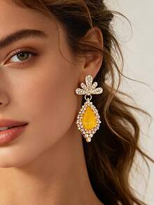1 Pair European & American Luxury High-End Alloy Rhinestone Floral Drop Earrings, Vintage Palace Style Fashion Elegant Evening Party Jewelry - Floral Earrings - View 2