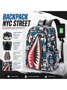 2pcs Shark Backpack + Chest Bag Set, Large Capacity Oversized Backpack, Personalized Full Print School Bag, Suitable For School, Crossbody, - Multicolor - View 2