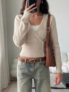 This Fashionable Women's Long Sleeve Cropped Wrap Knit Top Features A V-Neck Design And Is Adorned With Decorative Faux Buttons, Making It Perfect For A Variety Of Styles. - Khaki - View 5