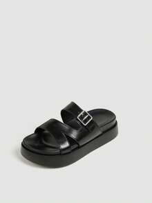 Women's Adjustable Buckle Thick Sole Sandals, Black Cross Strap Soft Cushion Thick Sole Summer Slip-On Mule Shoes - Black - View 5